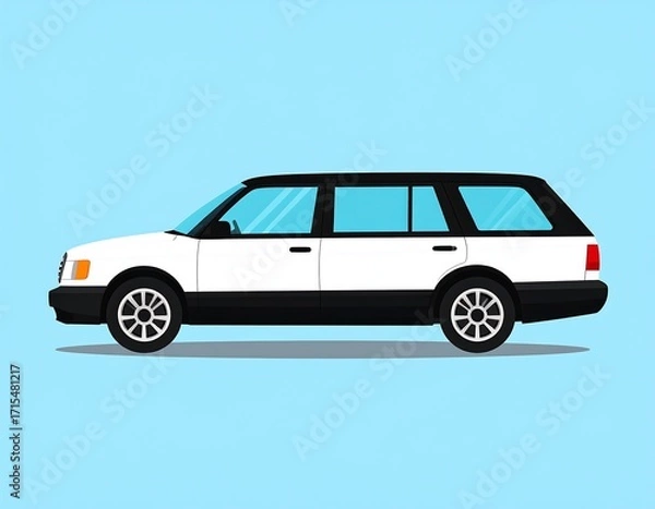 Fototapeta A side view of a stylized, white and black station wagon against a light blue backdrop.