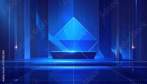 Obraz A futuristic, vibrant blue digital space features a geometric pyramid and a sleek platform, bathed in a captivating light display.