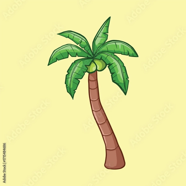 Fototapeta Cartoon illustration of a palm tree with green leaves and coconuts, set against a light yellow background.