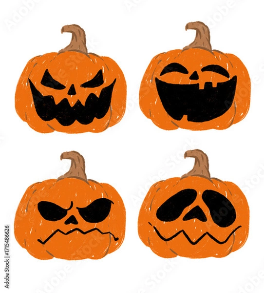 Fototapeta A crayon drawing of four pumpkin heads, each with a different appearance.