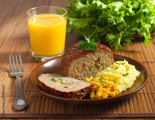 Obraz Sliced meatloaf, mashed potatoes, and corn side dish served on a plate, alongside a glass of orange juice.