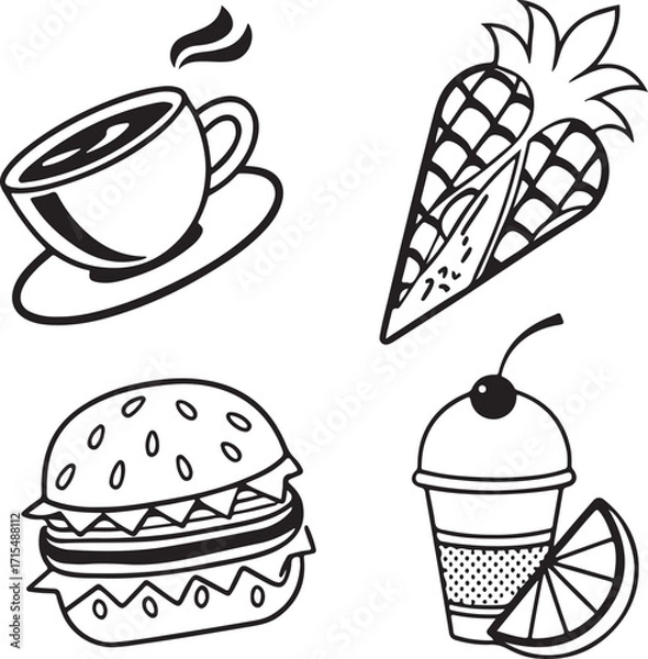Fototapeta Black and White Food Doodle Set – Burger, Drink, Ice Cream, Banana, Cherry, and Lemon Slice Vector Illustration