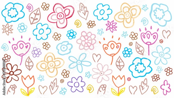 Fototapeta Vibrant, playful floral illustrations in a charming, hand-drawn style create a delightful and energetic pattern.