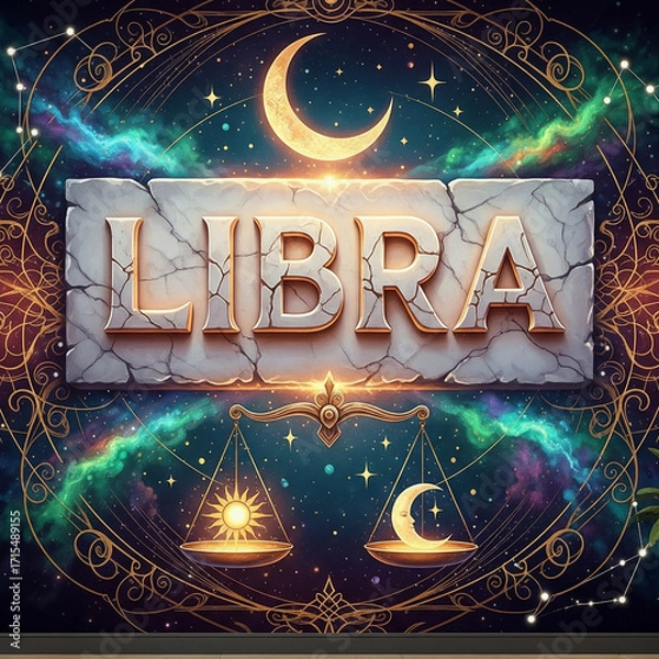 Fototapeta A fantasy-inspired wall art illustration of the word ‘LIBRA’ carved into glowing marble stone, surrounded by celestial motifs and balanced scales, painterly texture, large mural-like composition
