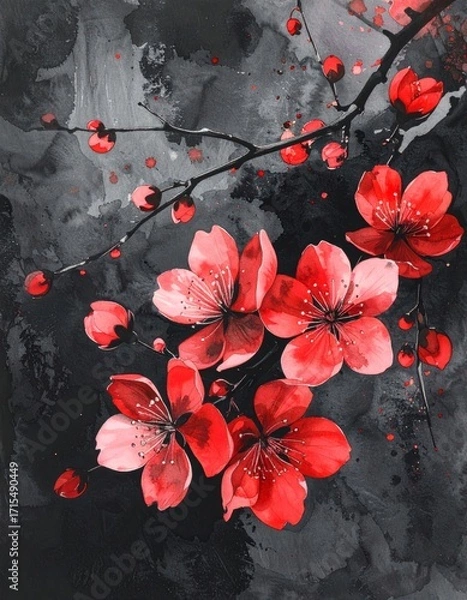 Obraz Red cherry blossoms on water color background