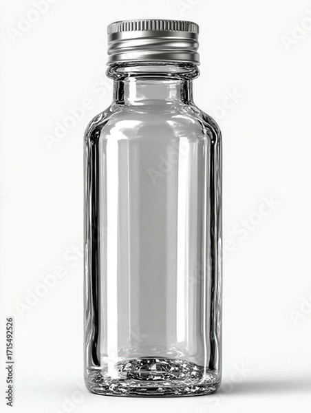 Obraz Minimalist tall cylindrical glass bottle mockup with realistic reflections and silver metal cap perfect for cosmetic packaging and beverage branding projects