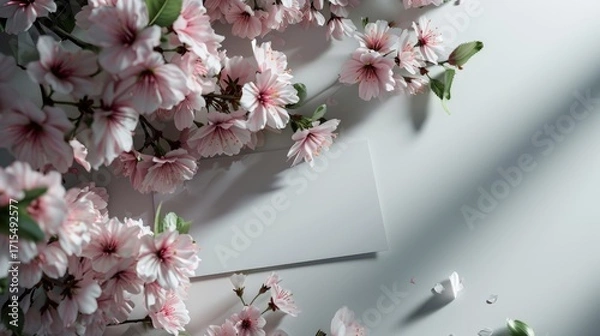 Fototapeta Blank white card is surrounded by delicate pink cherry blossoms. a beautiful and elegant floral frame.