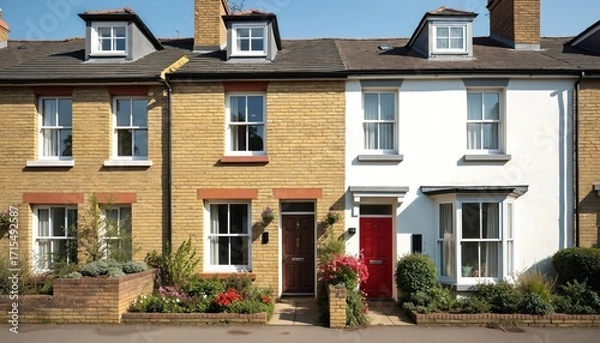 Fototapeta Terraced houses with yellow brick, white walls stand under bright sunny day. Front gardens bloom with colorful flowers, green plants. Traditional UK architecture with dormer windows, distinct doors