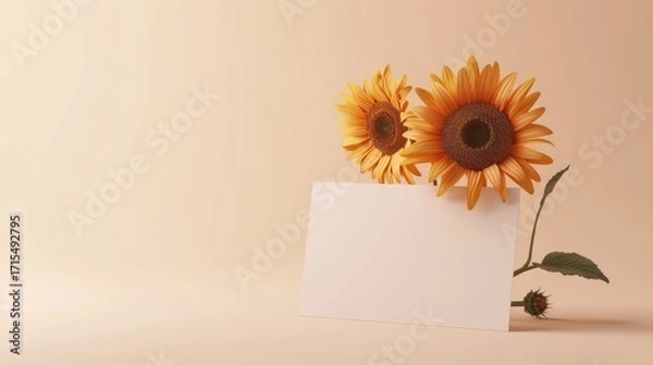 Fototapeta Two sunflowers stand behind a blank white card against a peach-colored backdrop