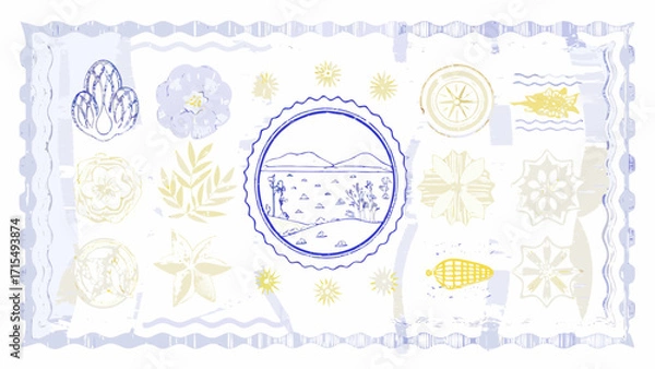 Obraz Charming blue and yellow artistic collage featuring nature motifs and travel elements