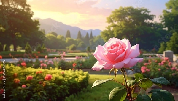 Obraz A stunning pink rose in a vibrant garden at sunrise, bathed in soft morning light.