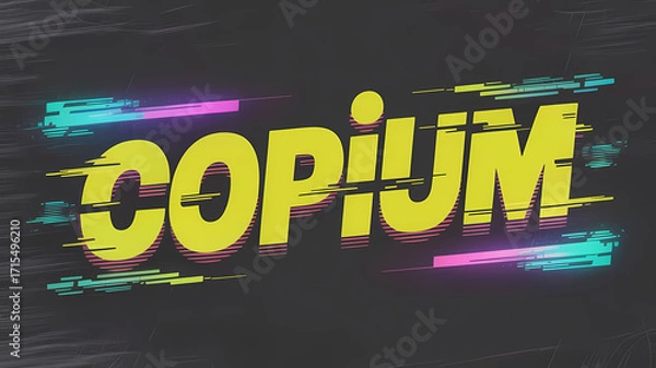 Fototapeta Skewed ‘Copium’ typography with teal-magenta neon leaks, glitch distortions, and subtle textures on deep charcoal grey