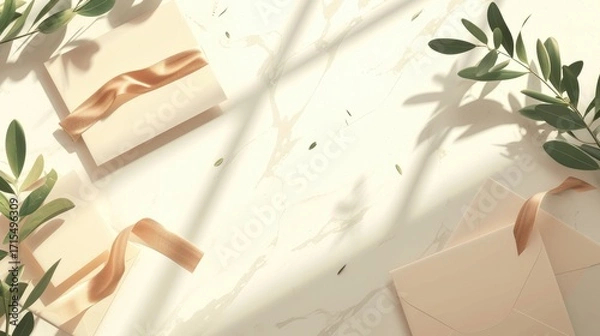 Fototapeta Elegant Stationery Mockup with Greenery and Ribbon Accents On Marble Background