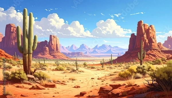 Obraz A vibrant desert landscape, featuring towering red rock formations, a large saguaro cactus, and a vast expanse of sandy terrain, bathed in warm sunlight.