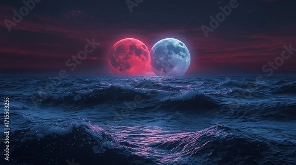 Obraz Dramatic Red and Blue Moons Above Stormy Ocean