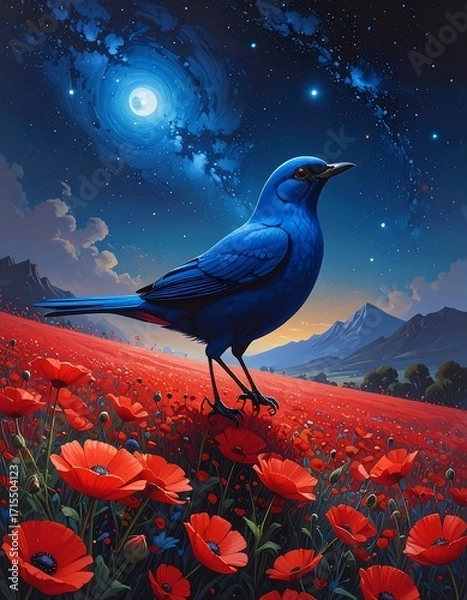 Obraz A magnificent blue bird stands amidst a vast field of crimson poppies under a starlit night sky.