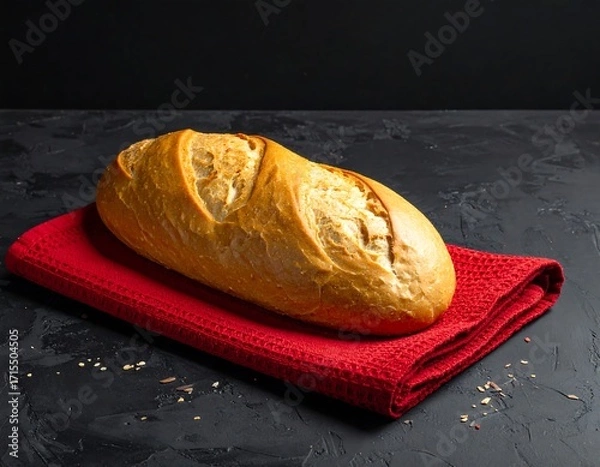 Fototapeta A loaf of artisan bread rests on a red kitchen towel, displayed against a dark backdrop.