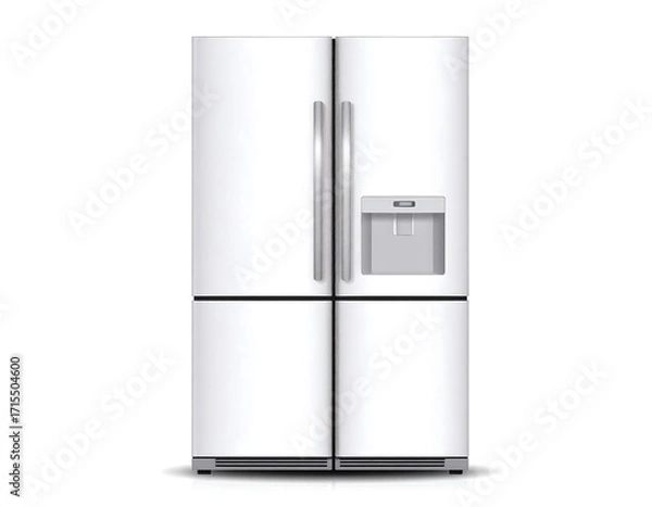 Obraz A modern, white refrigerator with a water dispenser, displayed against a pure white background.