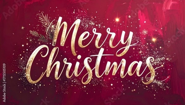 Obraz A festive design featuring the words "Merry Christmas" in a gold script font, set against a deep maroon background with artistic brushstrokes and glittering details.
