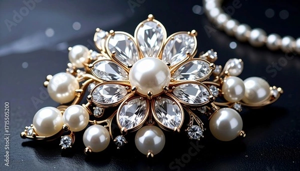 Fototapeta Elegant golden brooch adorned with pearls and sparkling crystals, exquisite luxury design