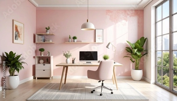 Fototapeta Modern Interior Office with Pink Walls and a Desktop Computer Ready to Use