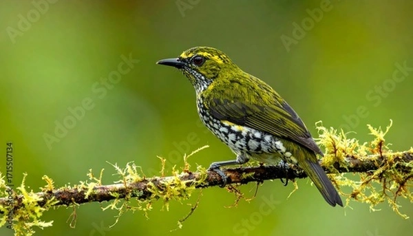 Obraz A vibrant, green and yellow bird perches serenely on a mossy branch, showcasing intricate patterns and a soft, natural light.