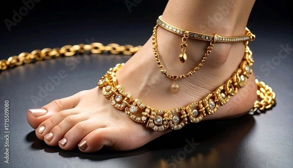 Fototapeta Elegant golden anklet adorns a foot, showcasing luxury and sophisticated design