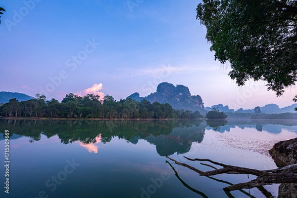 Fototapeta Beautiful atmosphere in the morning at the swamp.
Steam floats on the surface of the water with the reflection of the forest.
Landscape with the image of lake Nong Thale Krabi.
natural background.