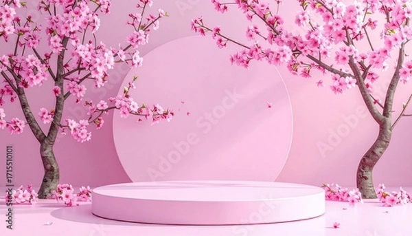Fototapeta Elegant Pink Cherry Blossom Tree Display Platform, Ideal for Product Presentation