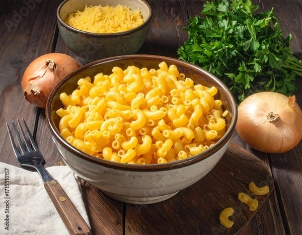 Obraz A large bowl of uncooked elbow macaroni rests on a rustic wooden surface, next to fresh parsley, onions, and shredded cheese.