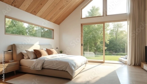 Fototapeta Bright, modern bedroom interior overlooking garden through large windows. Comfortable bed, natural light, minimalist design. Wooden ceiling, beige walls create serene, cosy living space. Open view to