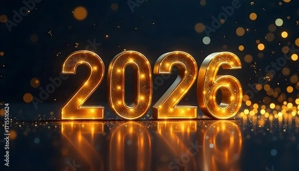 Obraz Happy New Year 2026 Greeting Card with 3D Gold Numbers, Golden Christmas Decorations, Confetti on Midnight Blue, black, green Background Elegant Festive Holiday Design.