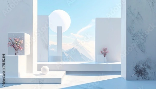 Fototapeta Minimalist architectural design featuring a mountainscape, with flowers and geometric elements
