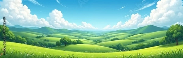 Fototapeta Rolling green hills under a blue sky with fluffy white clouds. Meadow with wildflowers in foreground. Peaceful countryside landscape with trees and distant mountains. Rural, tranquil nature scene.