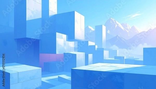 Fototapeta Abstract Geometric Cityscape with Mountains in Cool Blue and White Tones