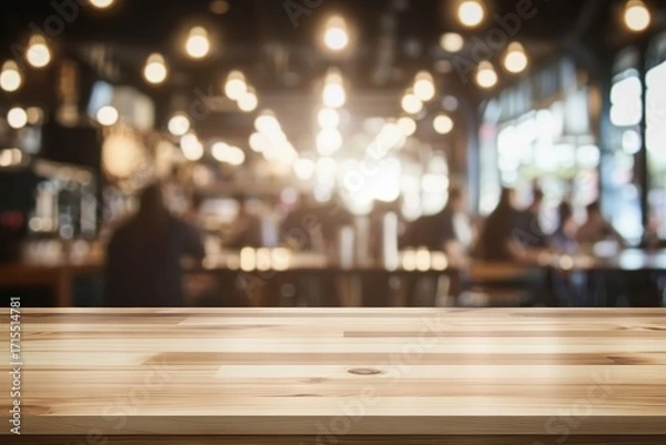 Fototapeta Wooden table surface in a warmly lit caf�� with blurred background of patrons and hanging lights
