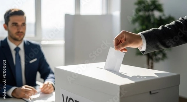 Fototapeta A person casting a vote.  Businessmen in a voting booth