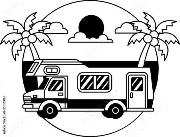 Fototapeta black and white isolate illustration of A camper van is parked on a beach