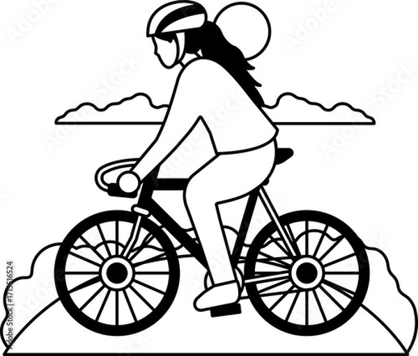 Fototapeta black and white isolate illustration of A woman is riding a bicycle in a field
