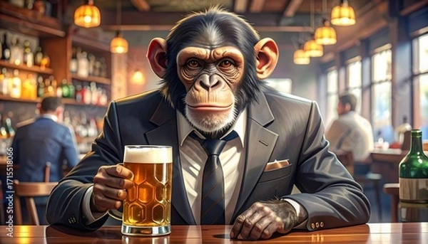Fototapeta Chimpanzee in Suit Enjoying a Beer at a Bar, a Humorous and Surreal Concept