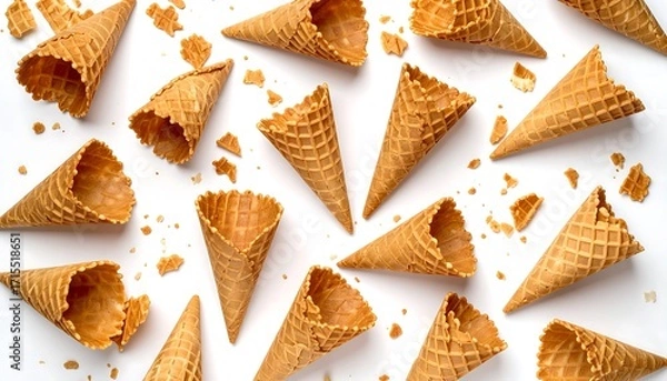 Obraz Scattered Empty Waffle Ice Cream Cones on White Background