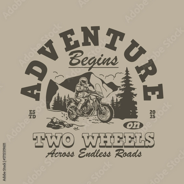Fototapeta Hand-drawn vintage sketch of a rider driving past pine trees with a mountain backdrop. Ideal for T-shirt designs