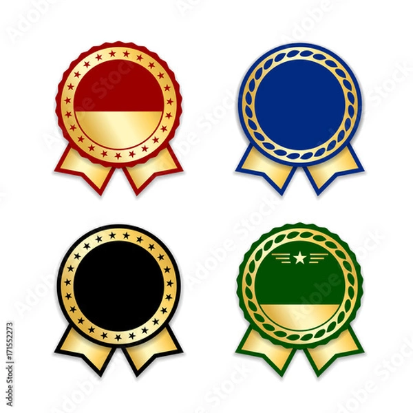 Fototapeta Award ribbond isolated set. Gold design medal, label, badge, certificate. Symbol best sale, price, quality, guarantee or success, achievement. Golden ribbon award decoration Vector illustration