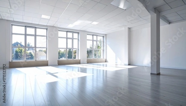 Fototapeta Spacious modern interior with large windows and natural light flooding the room
