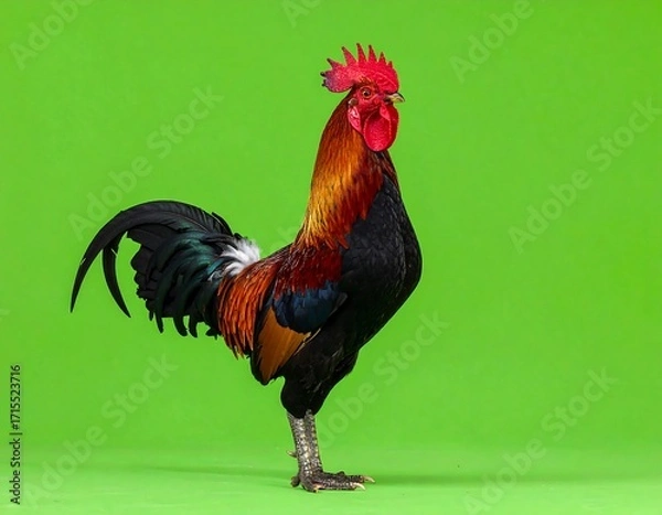 Fototapeta A vibrant rooster with a striking plumage stands against a solid green backdrop, showcasing its colorful feathers and alert stance.