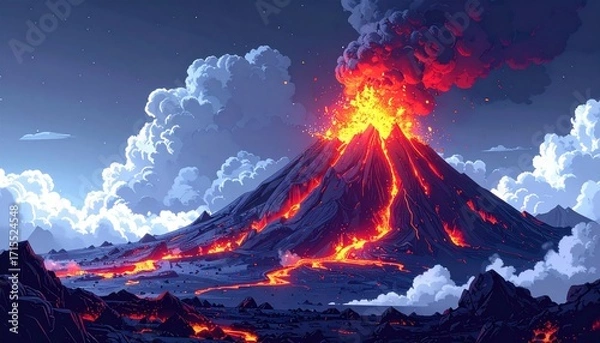 Fototapeta Erupting Volcano at Night: Fiery Lava Flows and Dramatic Cloudscape