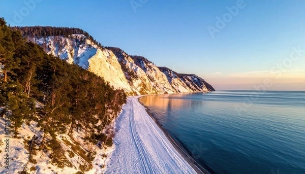 Fototapeta Aerial View of Snow-Covered Coastline,  Winter Seascape with Cliffs and Pine Forest