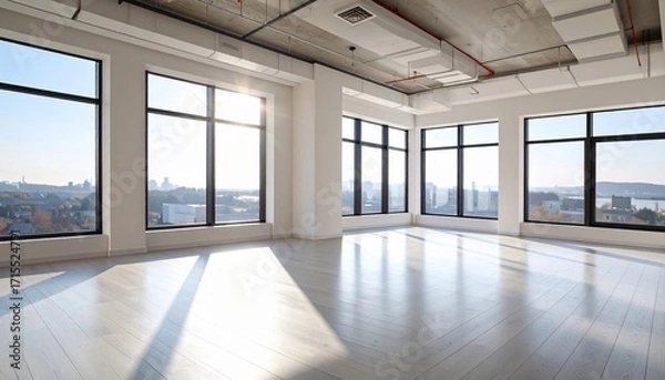 Fototapeta Bright spacious modern interior with large windows overlooking a cityscape scenery