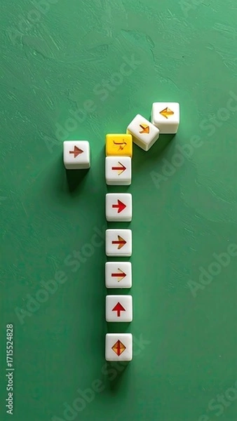 Fototapeta Abstract arrangement of white and yellow directional blocks with arrows on a green surface.