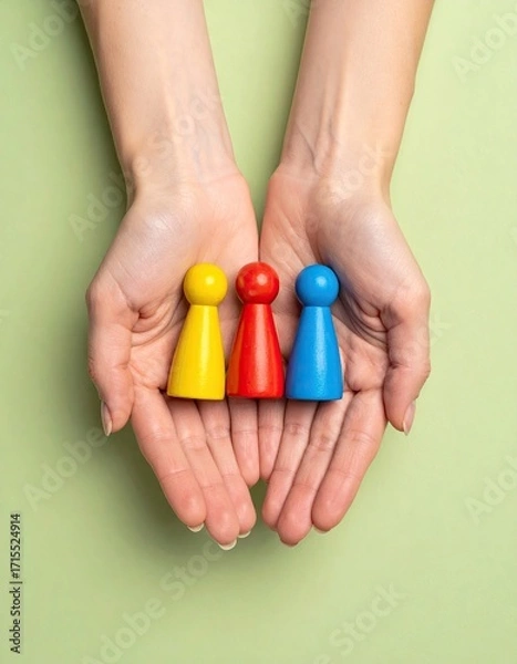 Fototapeta Colorful Game Pieces Held in Hands on Green Background, Yellow, Red, Blue